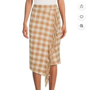 Womens Tan And Cream  Checkered Fringe Faux Wrap Pencil Skirt sz M